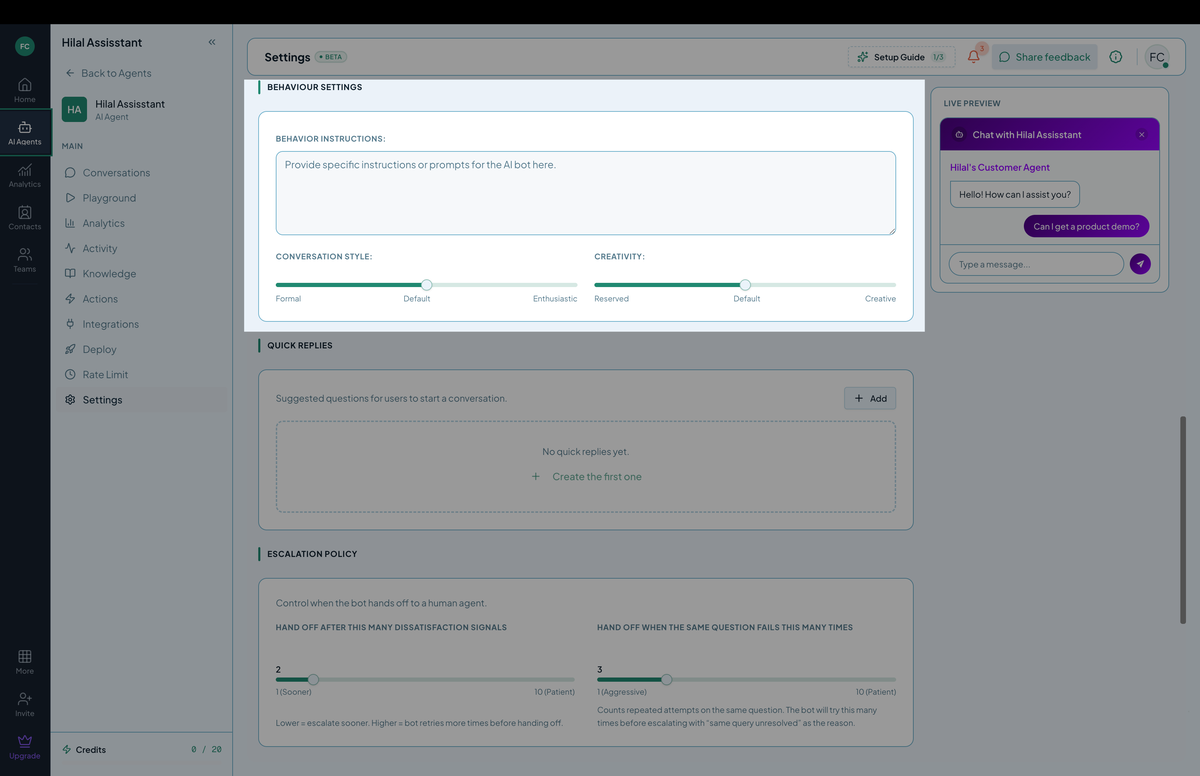 Settings — Behaviour Settings