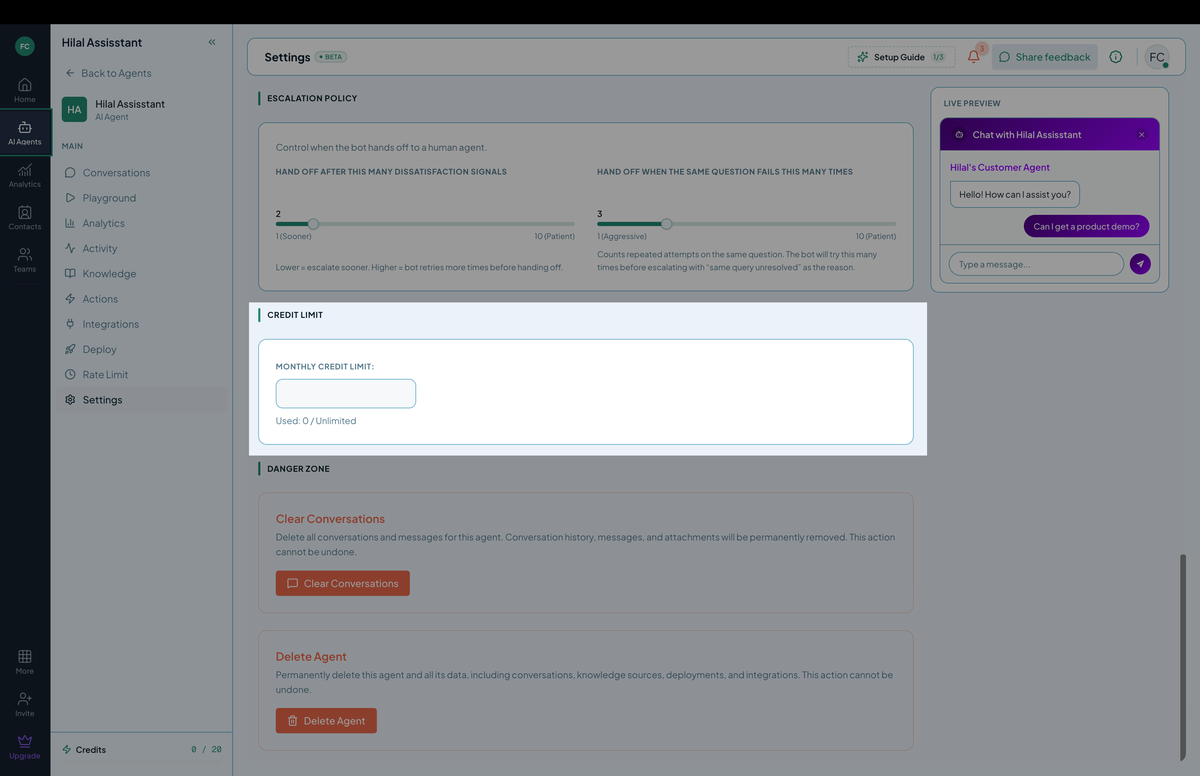 Settings — Credit Limit