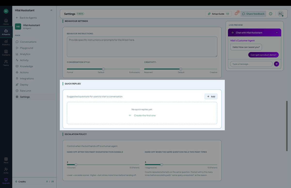 Settings — Quick Replies