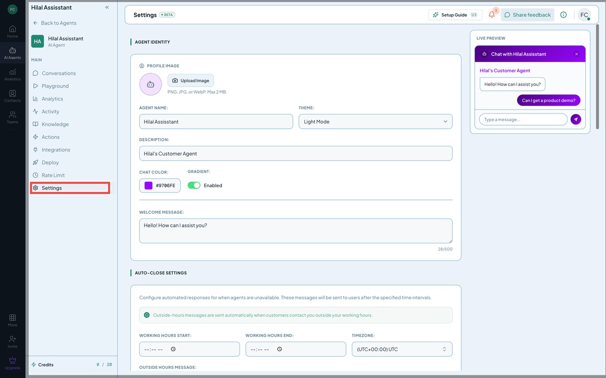 Settings — Detail Tab