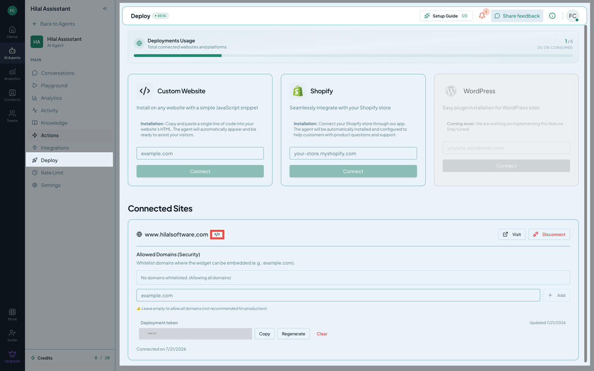 Install tab — embed snippet