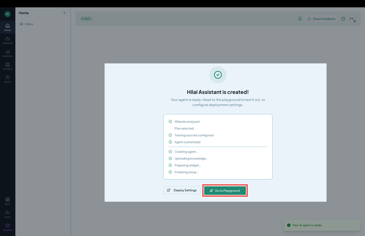 Onboarding wizard — chatbot created