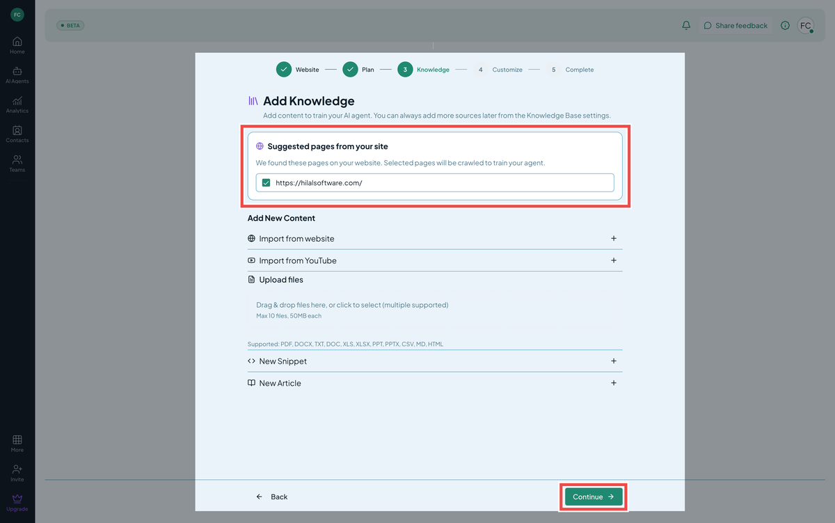 Onboarding wizard — add knowledge