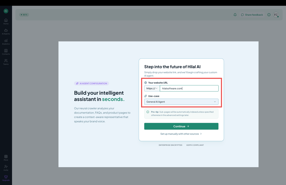 Onboarding wizard — website and use case