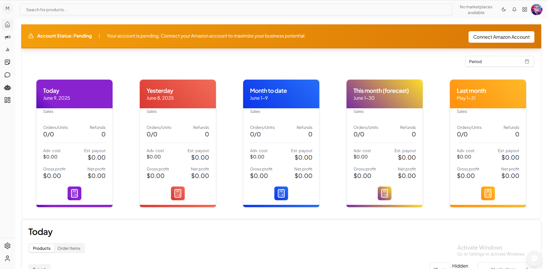 Dashboard with pending account status